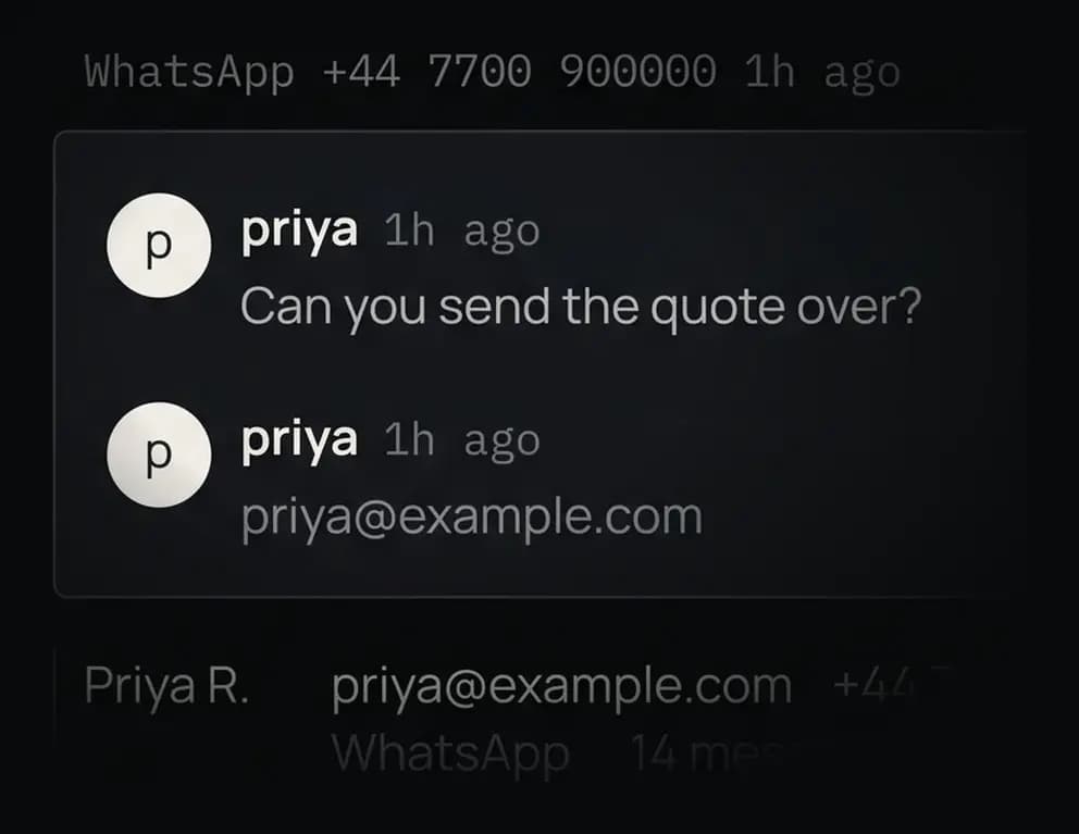 A WhatsApp exchange in which someone gives their email, and the contact record it produced sitting underneath it.