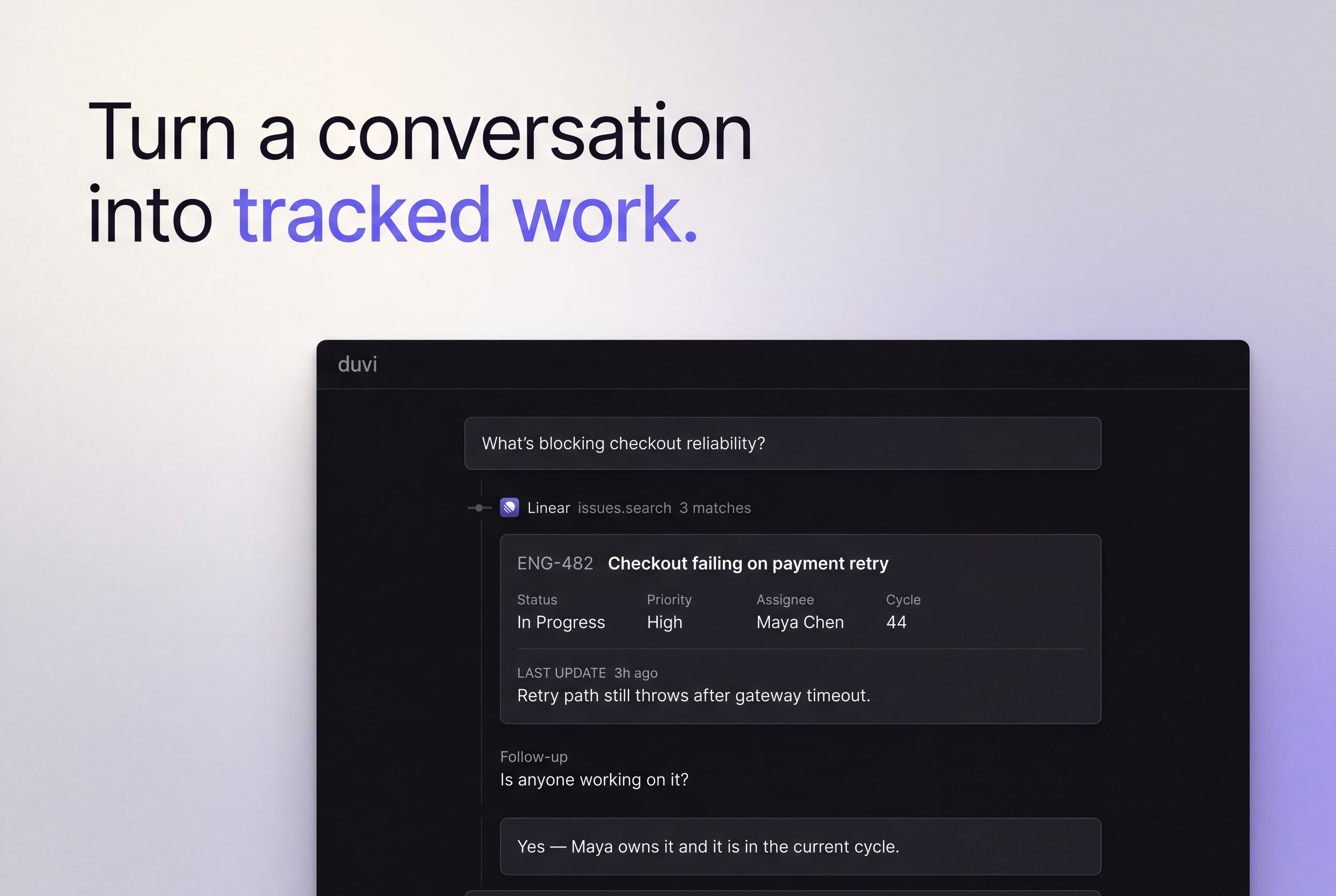 Duvi turning a checkout reliability question into a tracked Linear issue.