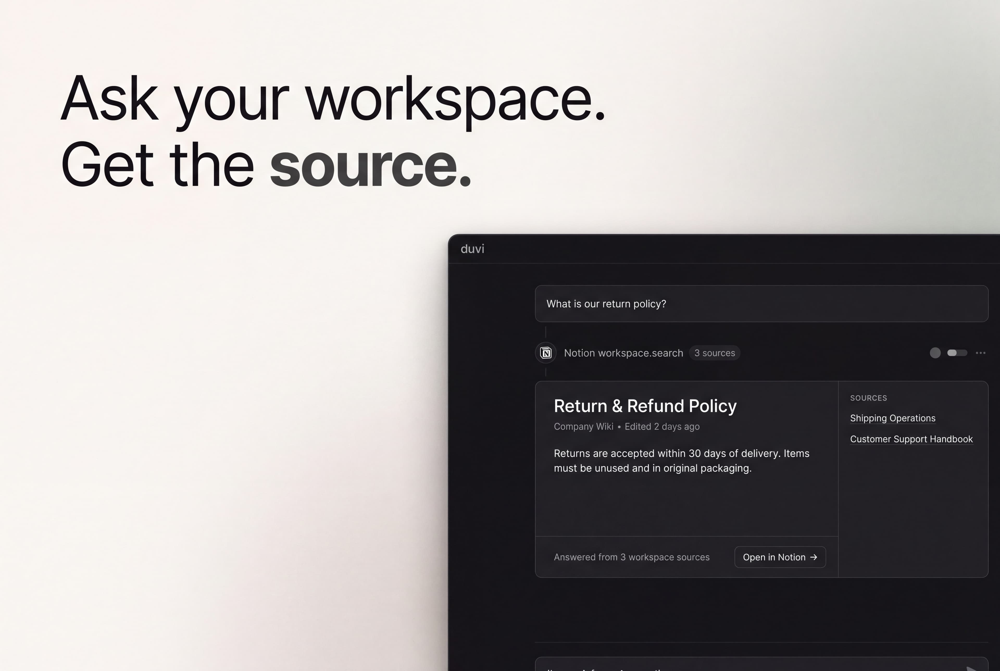 Duvi answering a return policy question by searching a Notion workspace.