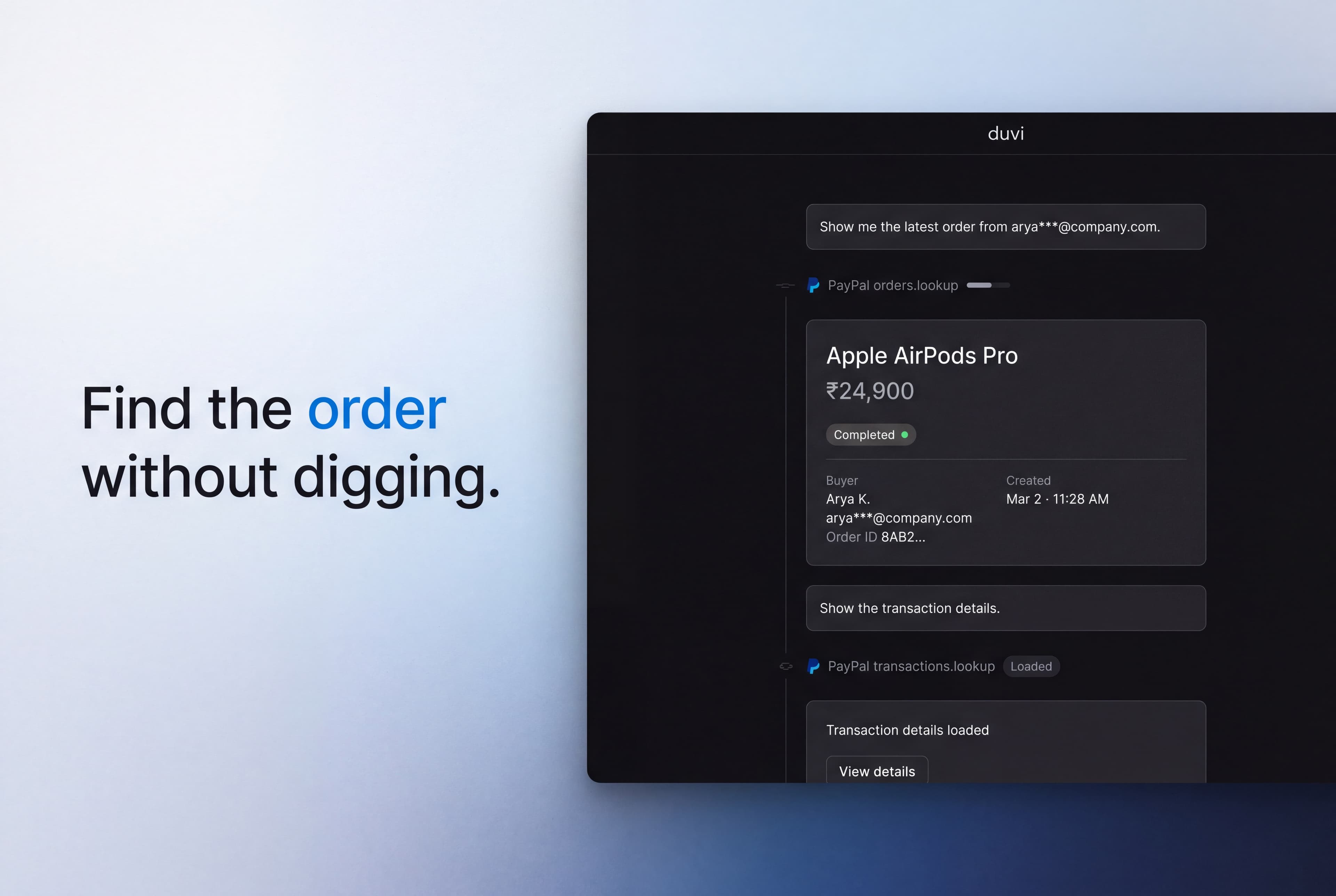 Duvi looking up a PayPal order and its transaction details.