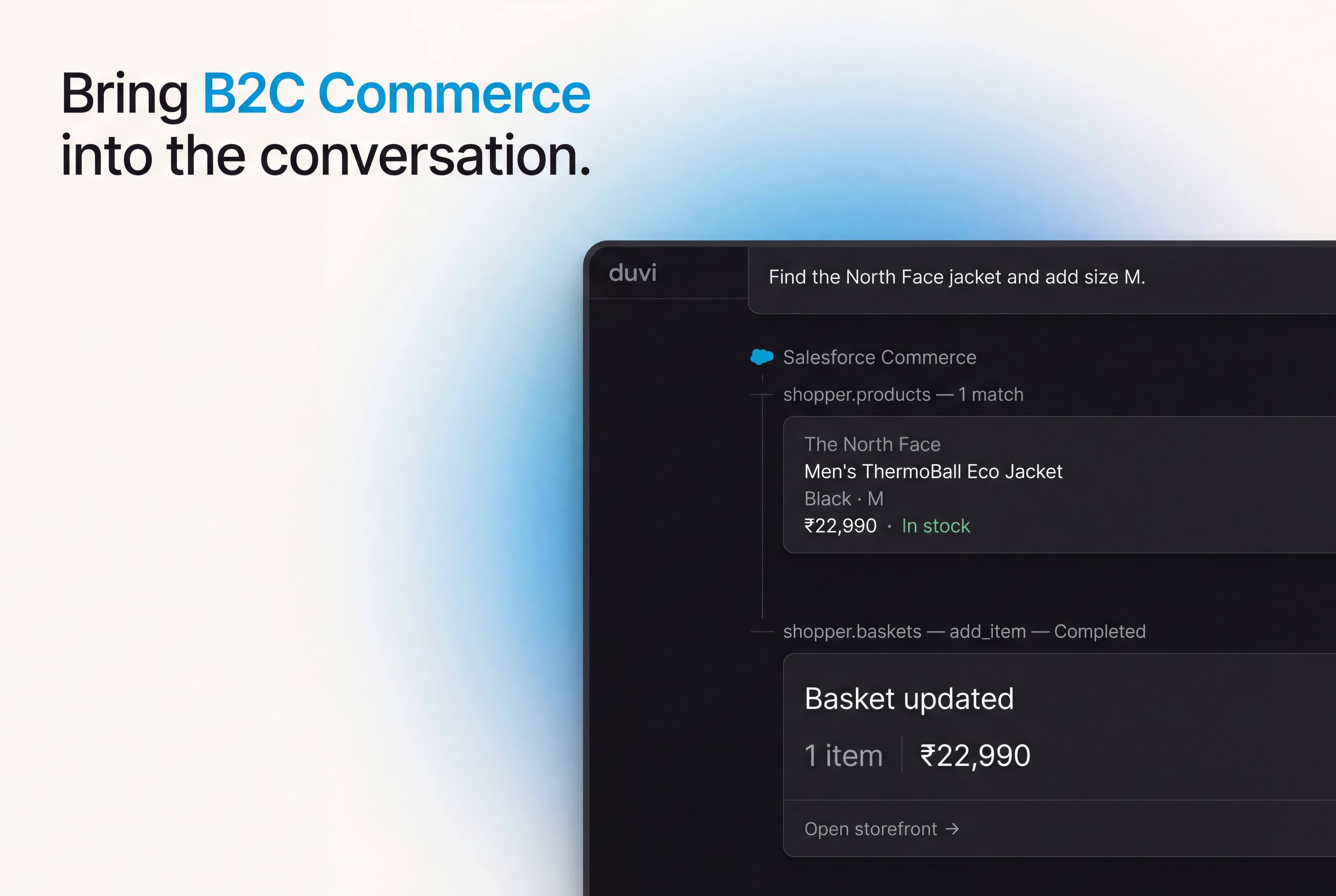 Duvi finding a product and adding it to a basket on a Salesforce Commerce Cloud storefront.