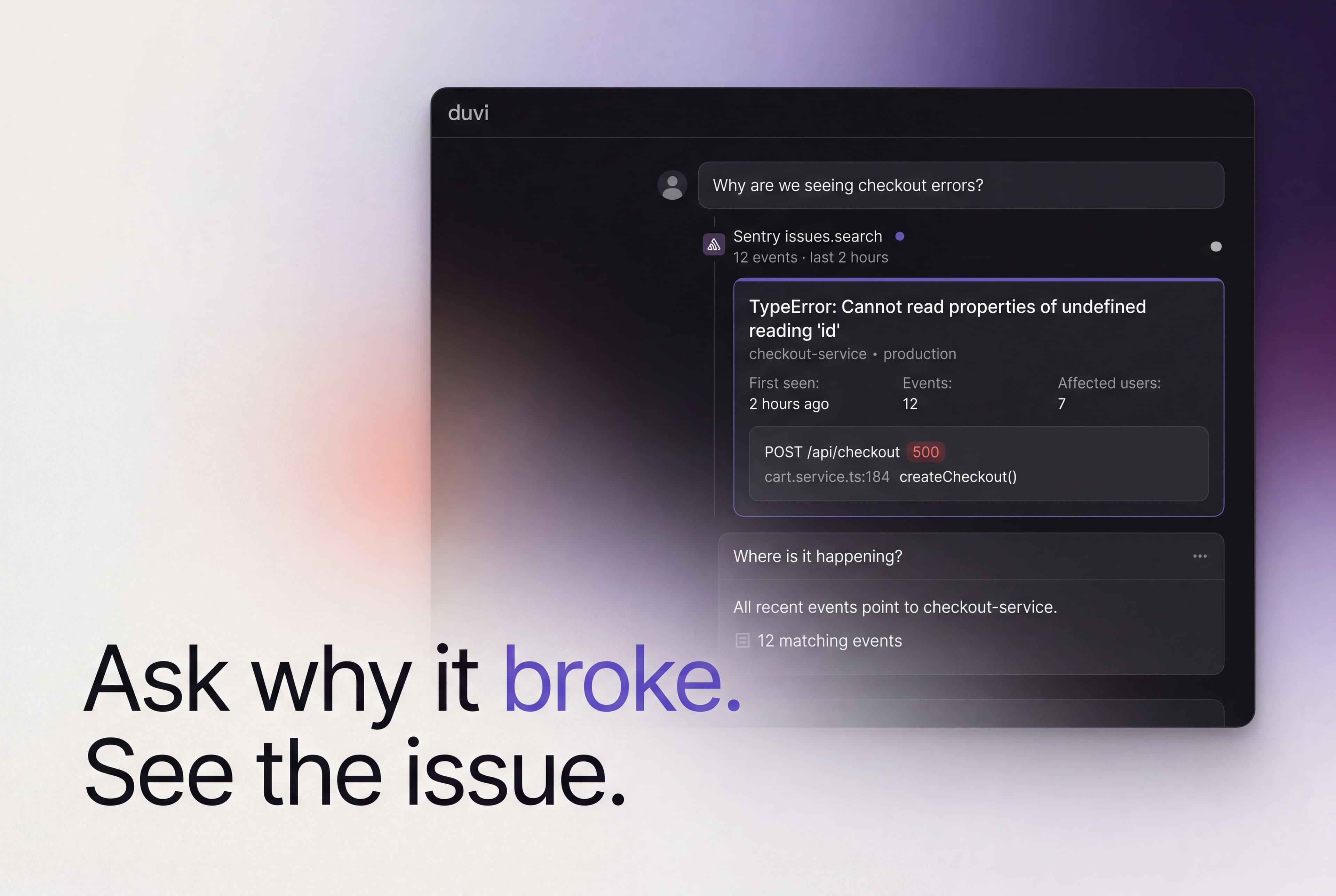 Duvi tracing a checkout error back to its source in Sentry.