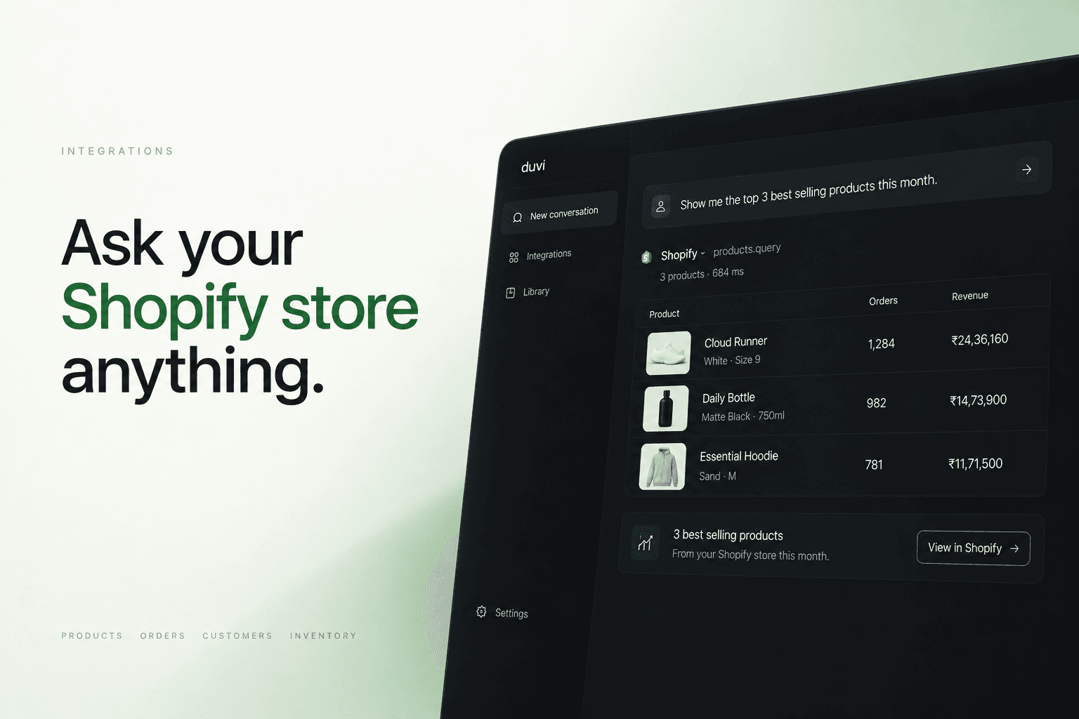 Duvi answering a shopper on a Shopify store, from search to a cart it built.