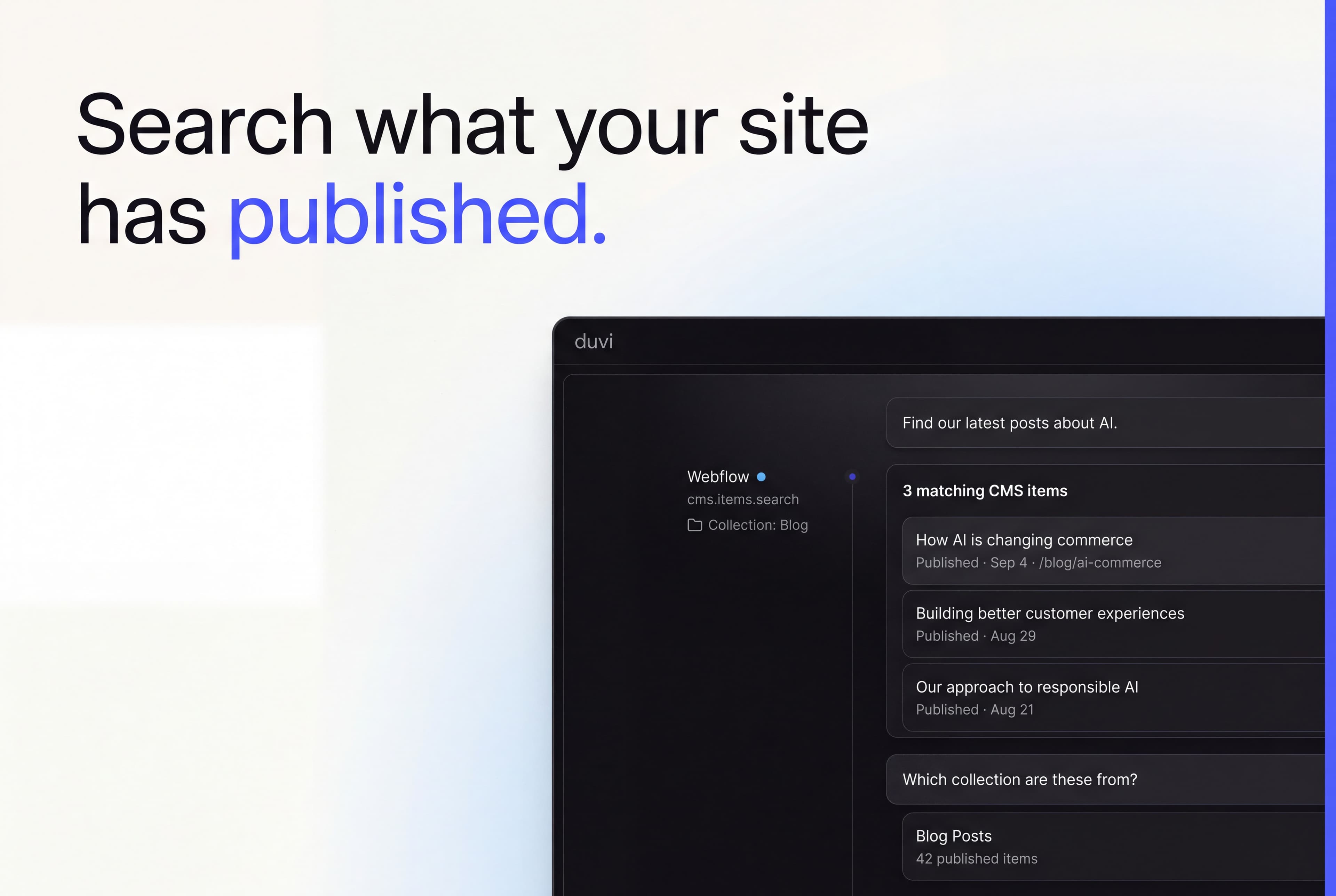 Duvi searching a Webflow site's published CMS items for posts about AI.