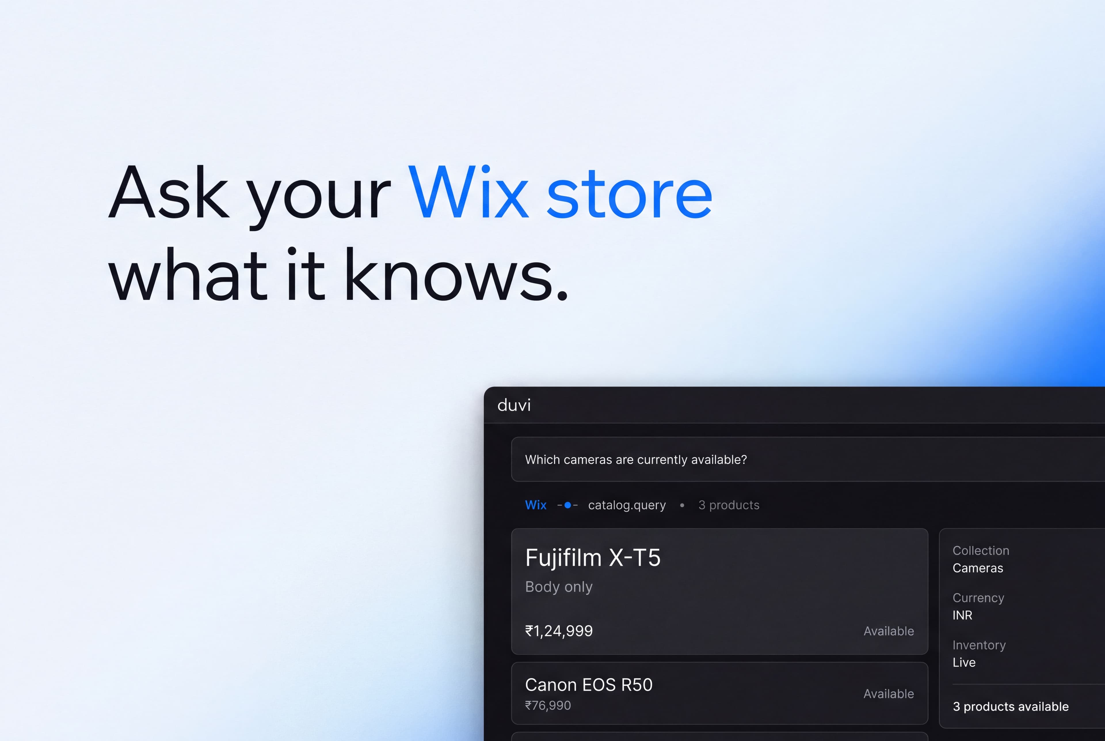 Duvi checking which cameras are currently available on a Wix store.