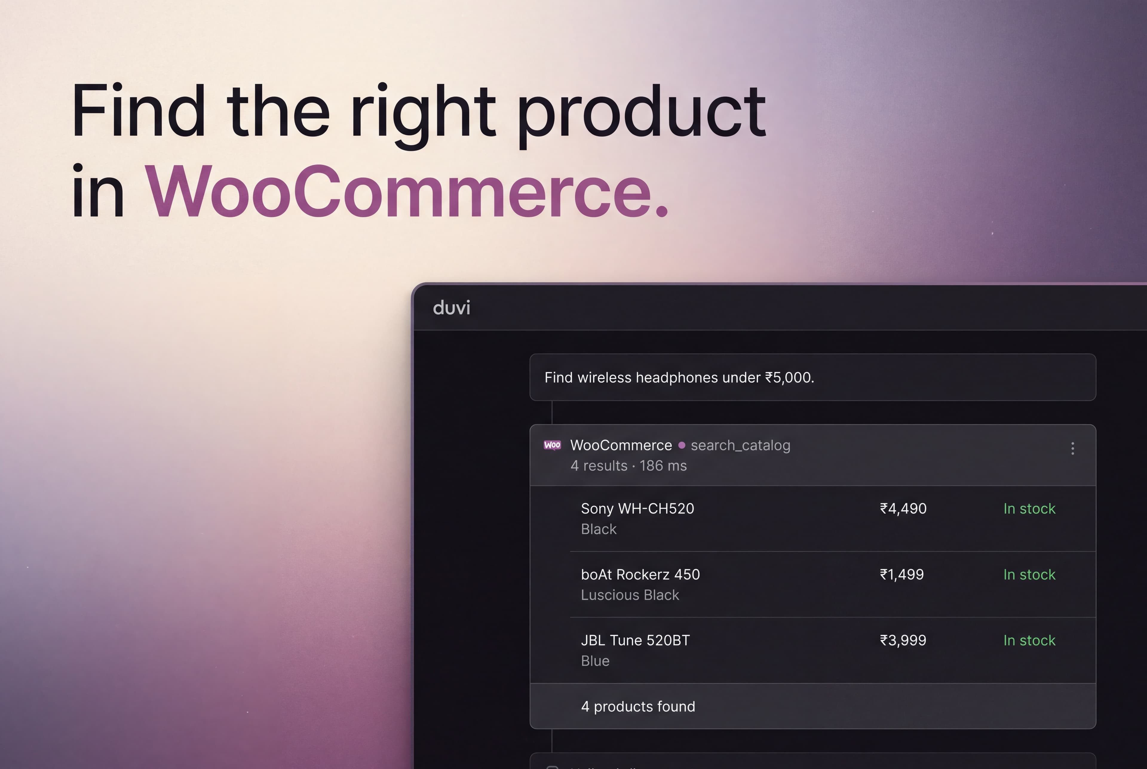 Duvi searching a WooCommerce store's catalogue for headphones under a price cap.