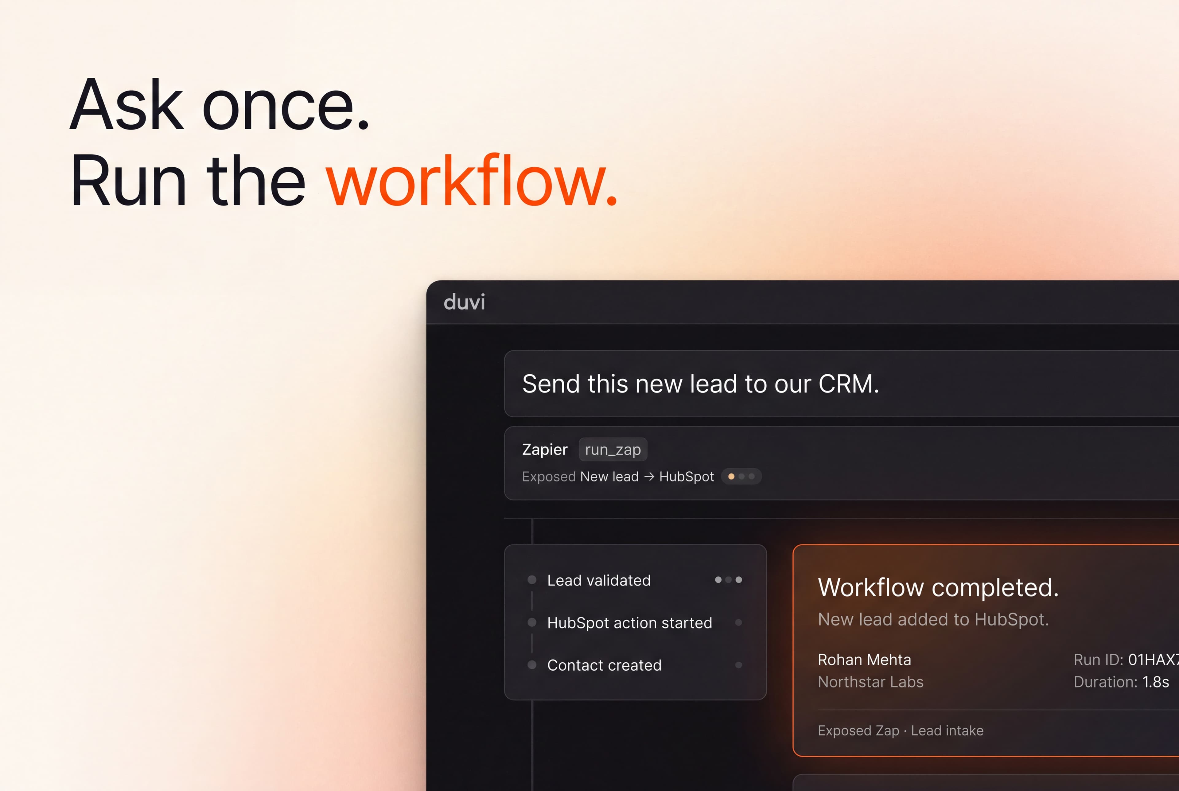 Duvi running a Zap to send a new lead to a CRM.